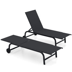 Outdoor Chaise Lounge Chair Set of 2 with Wheels 6-Position Recliner with 180° Full Flat-Black