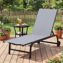 Outdoor Chaise Lounge Chair Set of 2 with Wheels 6-Position Recliner with 180° Full Flat-Grey