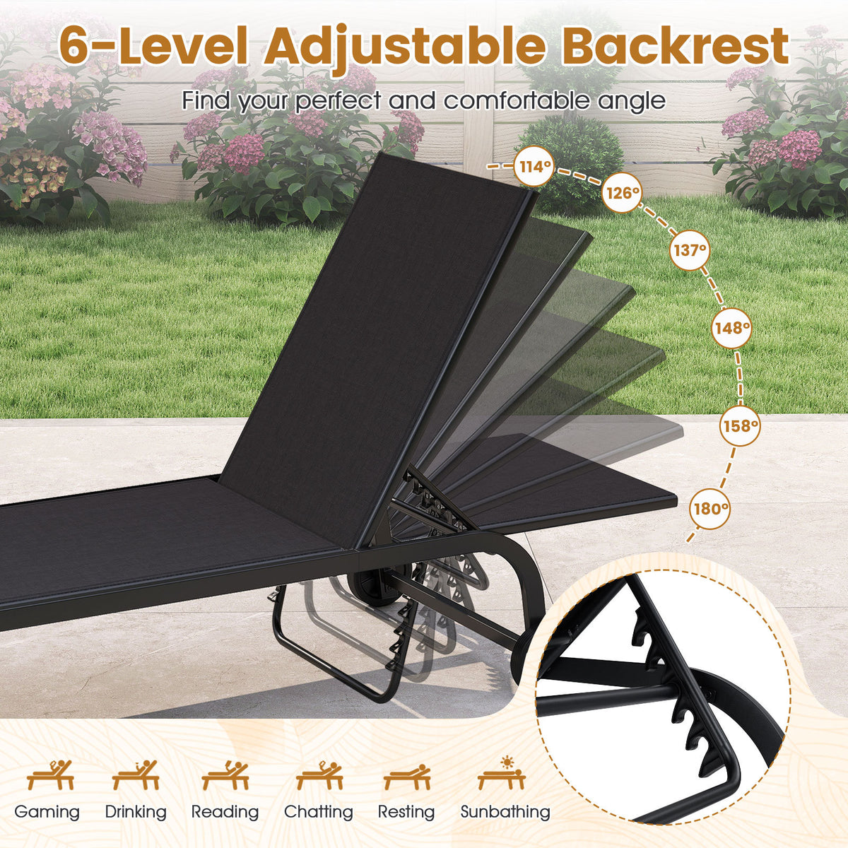 1 Piece Outdoor Chaise Lounge Chair with Wheels for Balcony Deck-Black