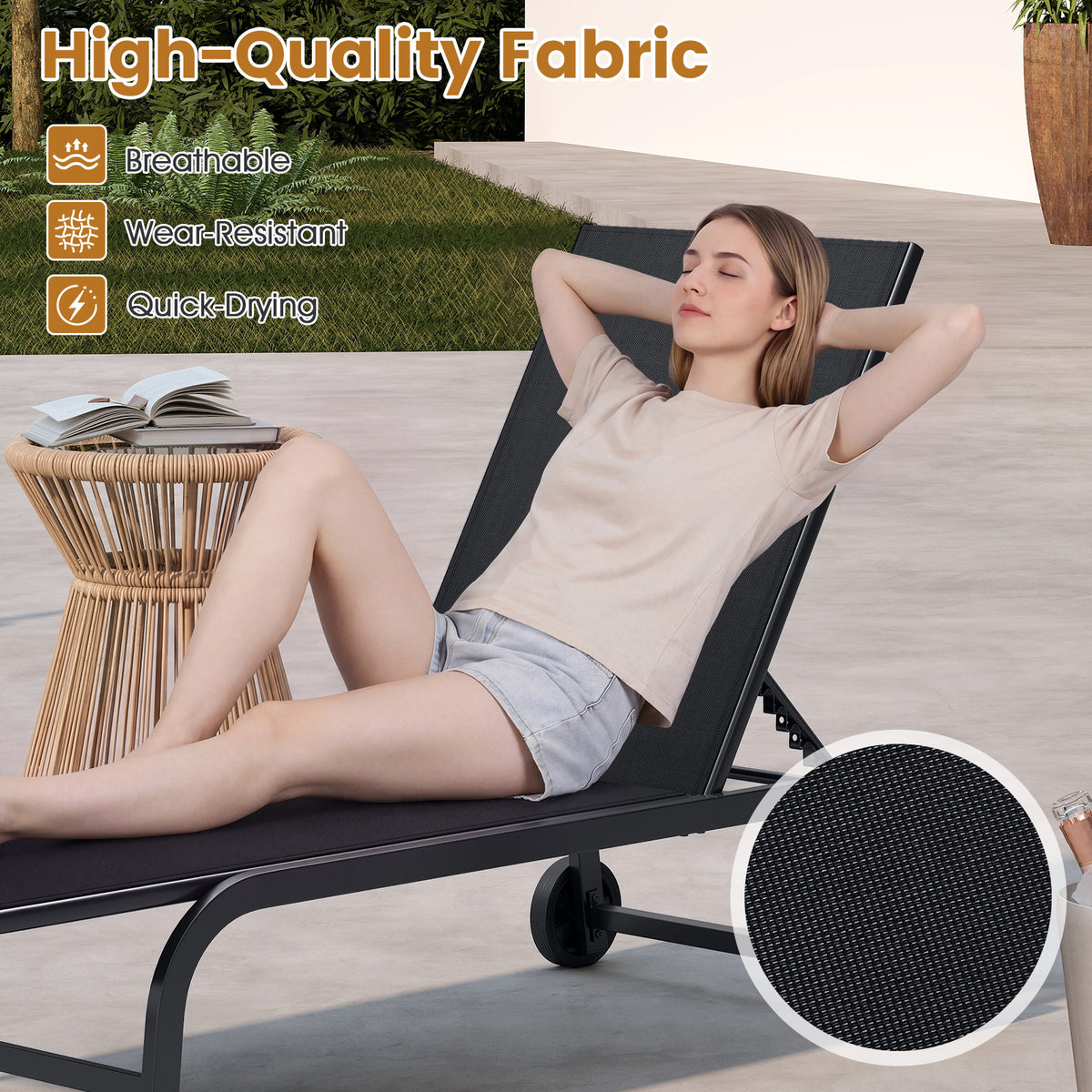 1 Piece Outdoor Chaise Lounge Chair with Wheels for Balcony Deck-Black