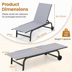 1 Piece Outdoor Chaise Lounge Chair with Wheels for Balcony Deck-Grey