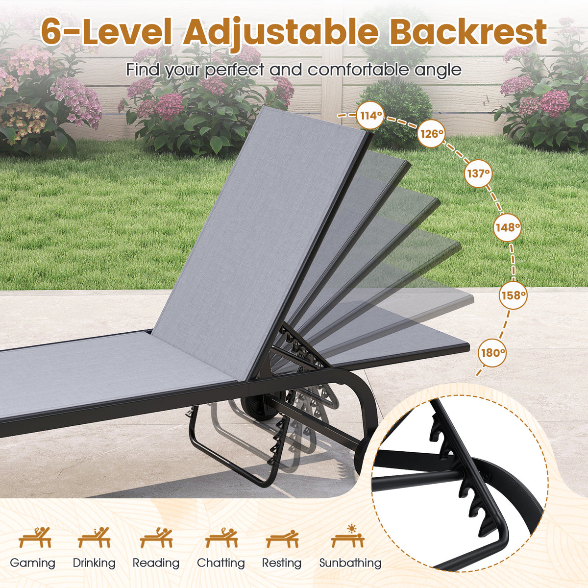 1 Piece Outdoor Chaise Lounge Chair with Wheels for Balcony Deck-Grey