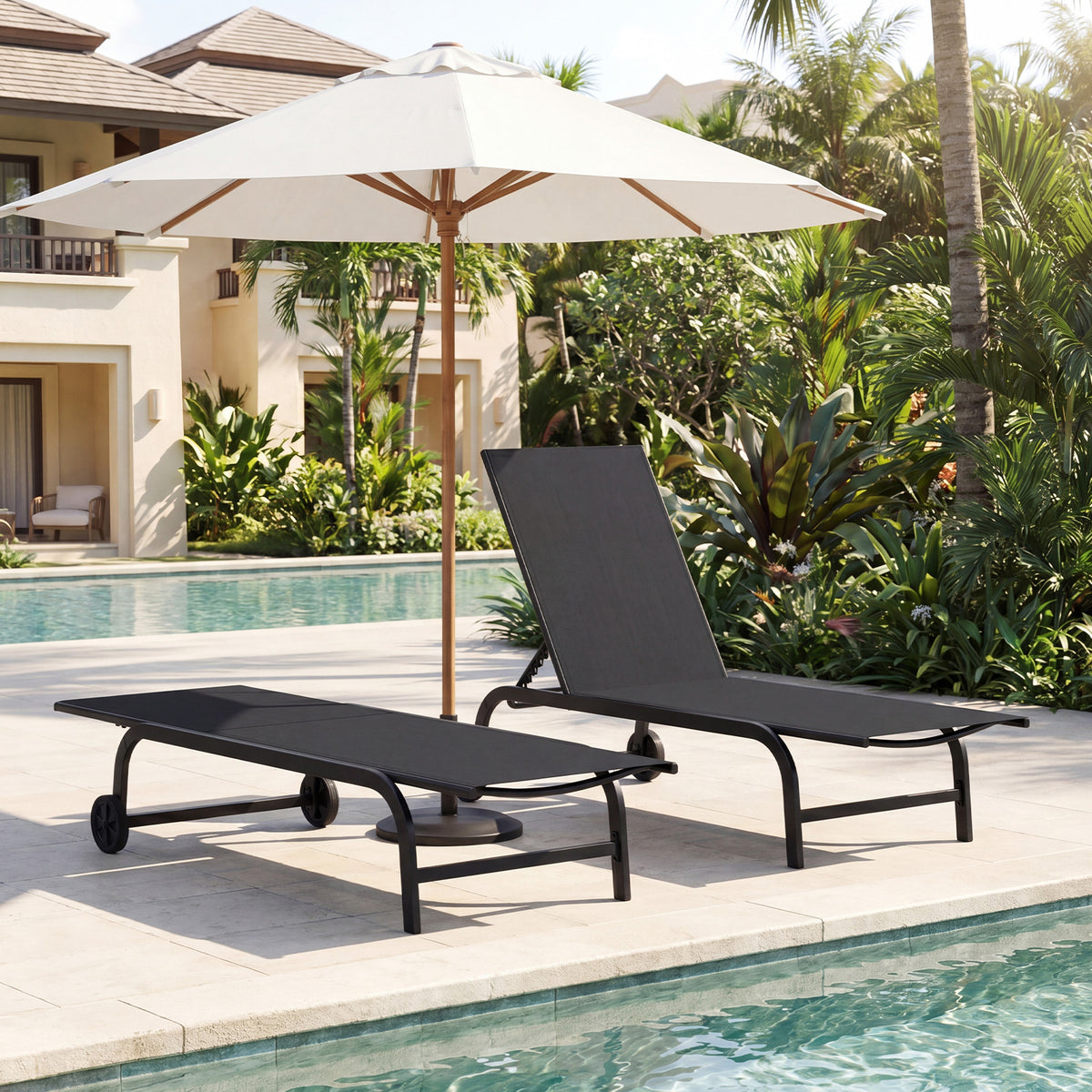 Outdoor Chaise Lounge Chair Set of 2 with Wheels and 180° Full Flat-Black