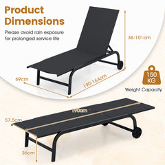 Outdoor Chaise Lounge Chair Set of 2 with Wheels and 180° Full Flat-Black