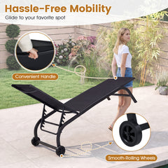 Outdoor Chaise Lounge Chair Set of 2 with Wheels and 180° Full Flat-Black