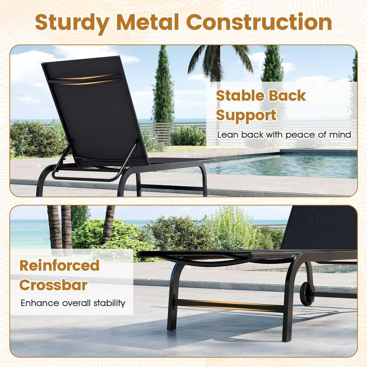 Outdoor Chaise Lounge Chair Set of 2 with Wheels and 180° Full Flat-Black