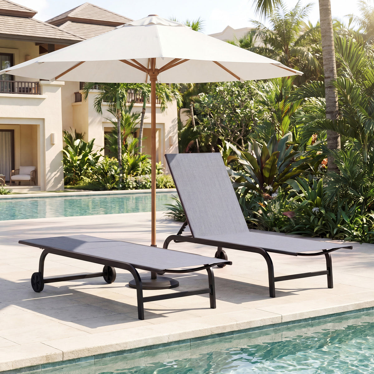 Outdoor Chaise Lounge Chair Set of 2 with Wheels and 180° Full Flat-Grey