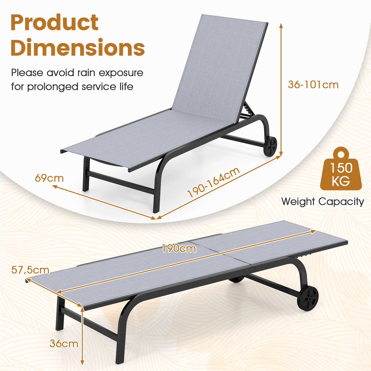 Outdoor Chaise Lounge Chair Set of 2 with Wheels and 180° Full Flat-Grey