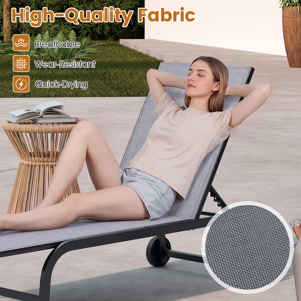 Outdoor Chaise Lounge Chair Set of 2 with Wheels and 180° Full Flat-Grey