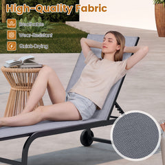 Outdoor Chaise Lounge Chair Set of 2 with Wheels and 180° Full Flat-Grey