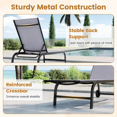 Outdoor Chaise Lounge Chair Set of 2 with Wheels and 180° Full Flat-Grey