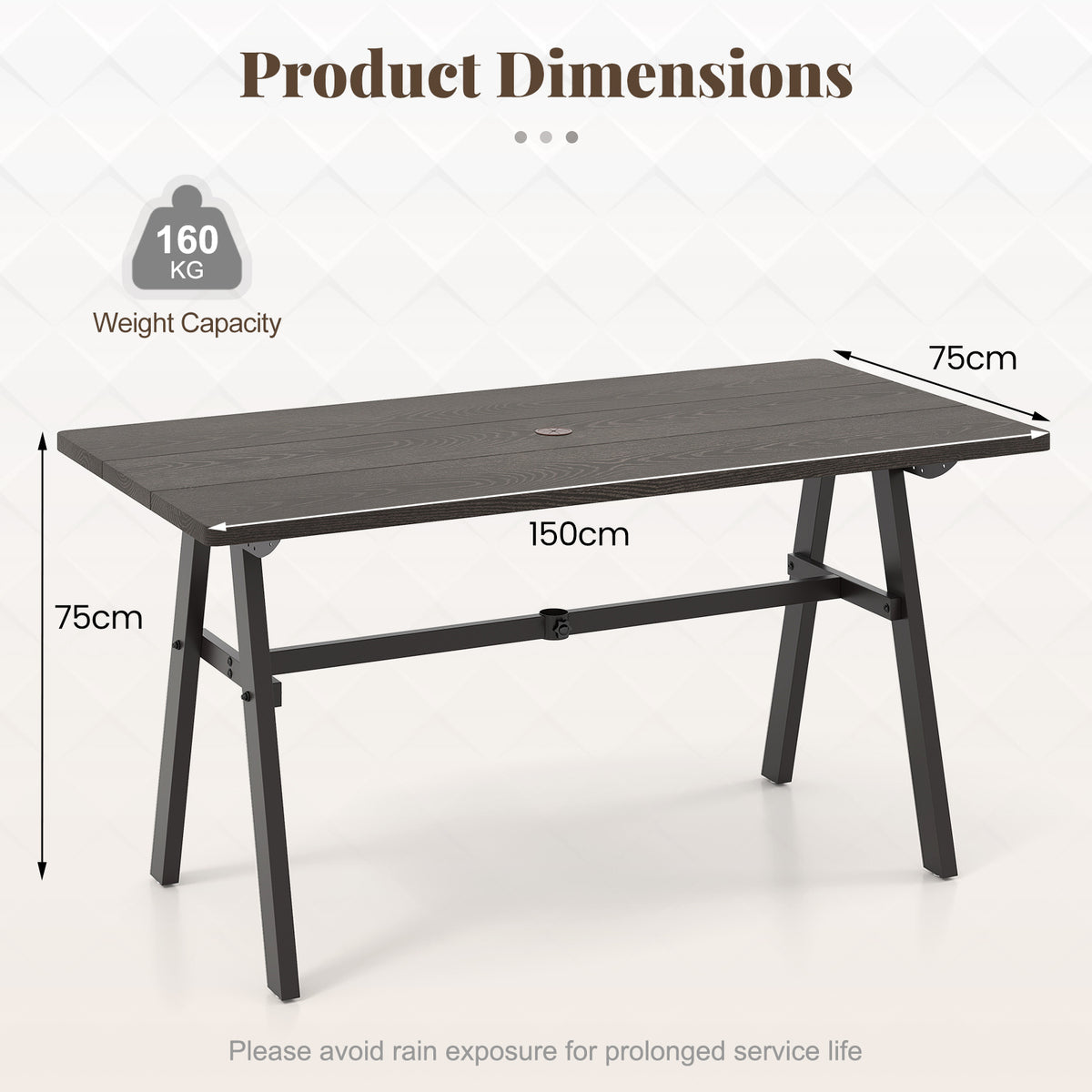 Outdoor Dining Tale for 6 with 4.9 cm Umbrella Hole for Deck-Dark Brown