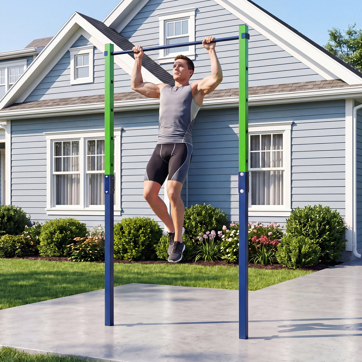 Outdoor In-Ground Pull Up Bar Heavy Duty Metal Pull Up Bar Station with 5 Adjustable Heights-Blue