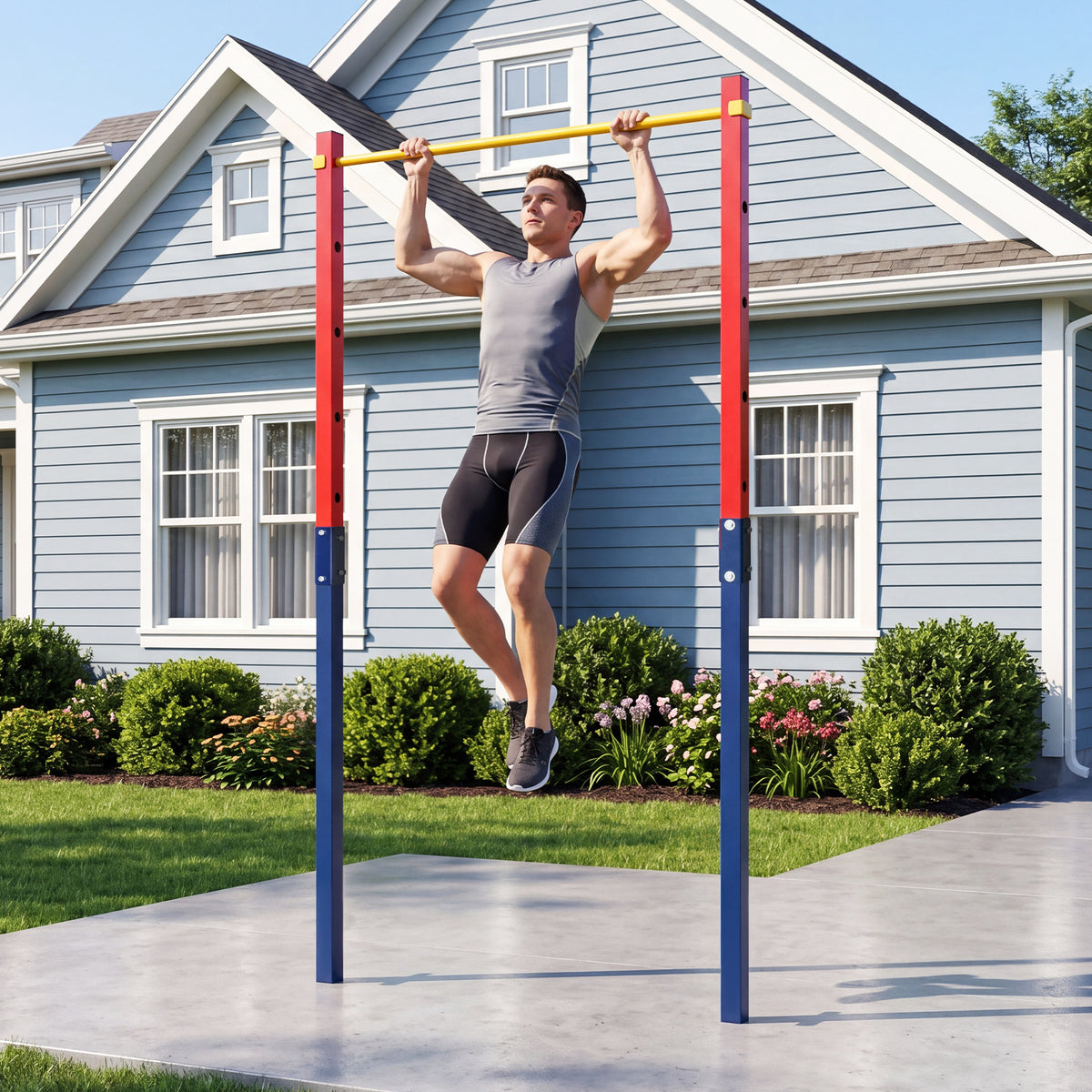 Outdoor In-Ground Pull Up Bar Heavy Duty Metal Pull Up Bar Station with 5 Adjustable Heights-Red