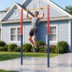 Outdoor In-Ground Pull Up Bar Heavy Duty Metal Pull Up Bar Station with 5 Adjustable Heights-Red