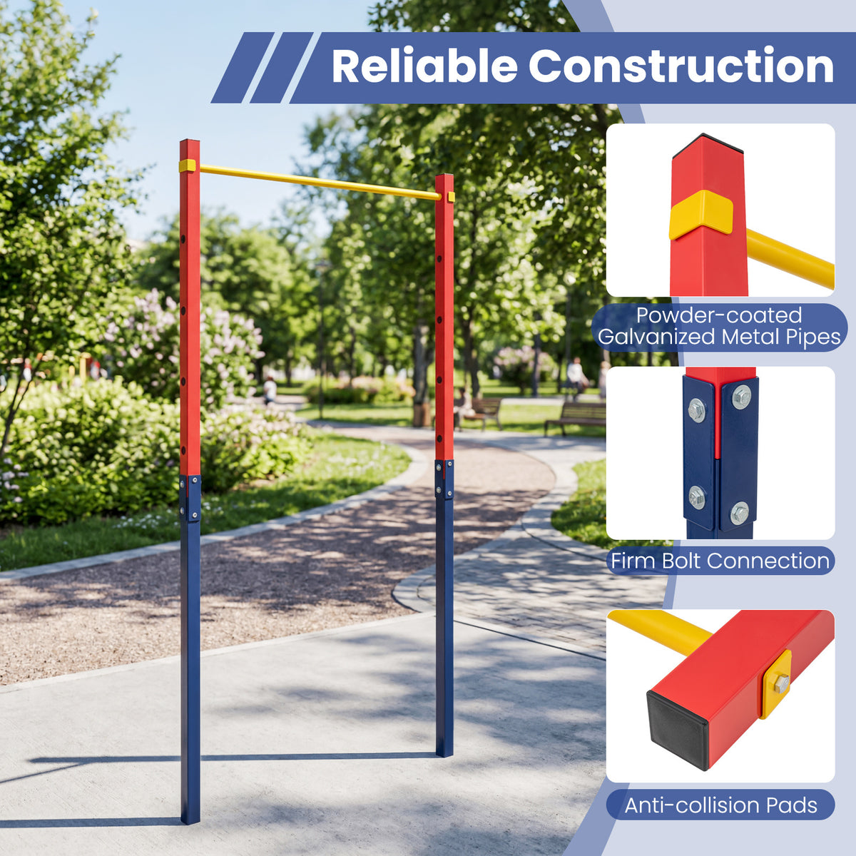 Outdoor In-Ground Pull Up Bar Heavy Duty Metal Pull Up Bar Station with 5 Adjustable Heights-Red