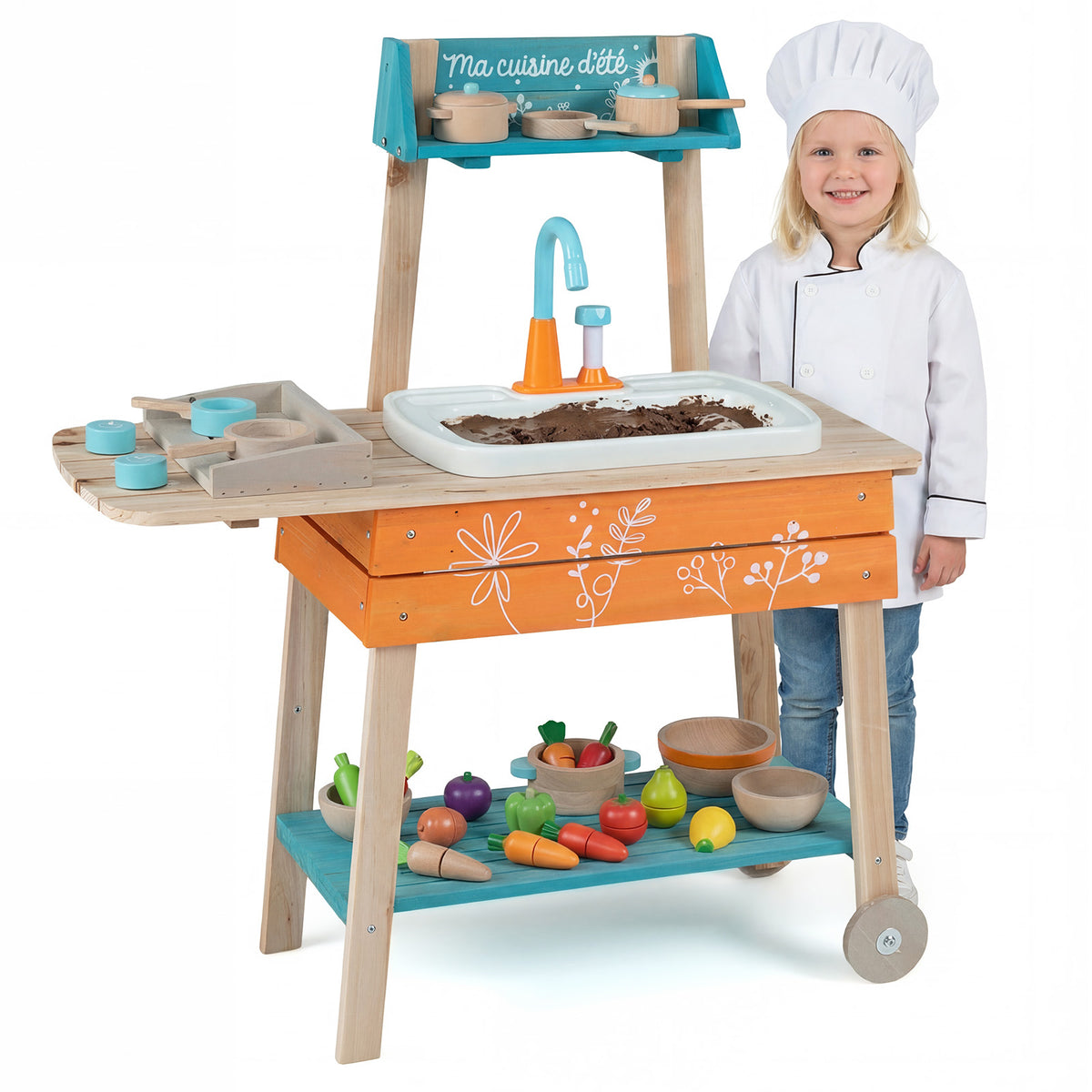 Outdoor Kids Play Kitchen Set Wooden Toy Kitchen Playset with Removable Sink-Multicolor