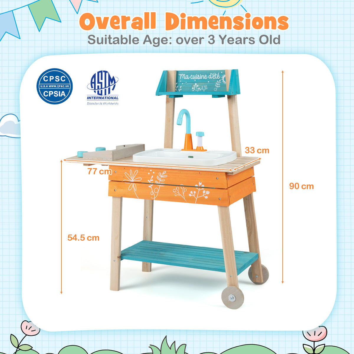 Outdoor Kids Play Kitchen Set Wooden Toy Kitchen Playset with Removable Sink-Multicolor