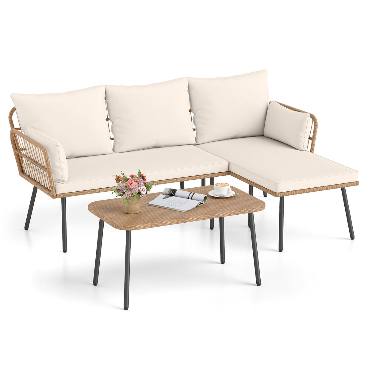 Outdoor L Shape Sofa Set with Coffee Table and Removable Cushions for Porch-White