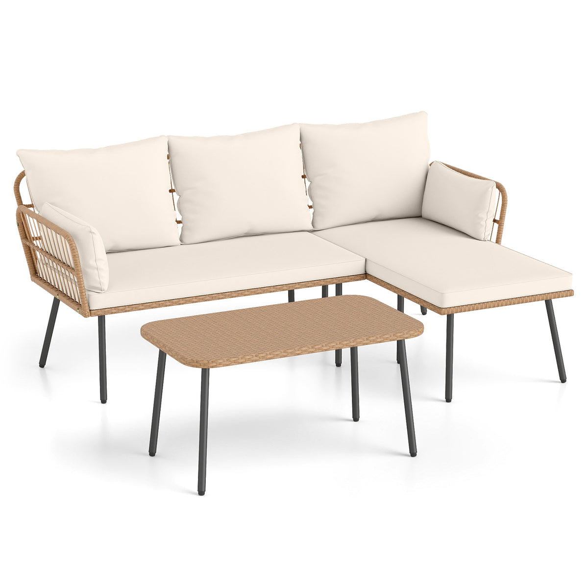 Outdoor L Shape Sofa Set with Coffee Table and Removable Cushions for Porch-White