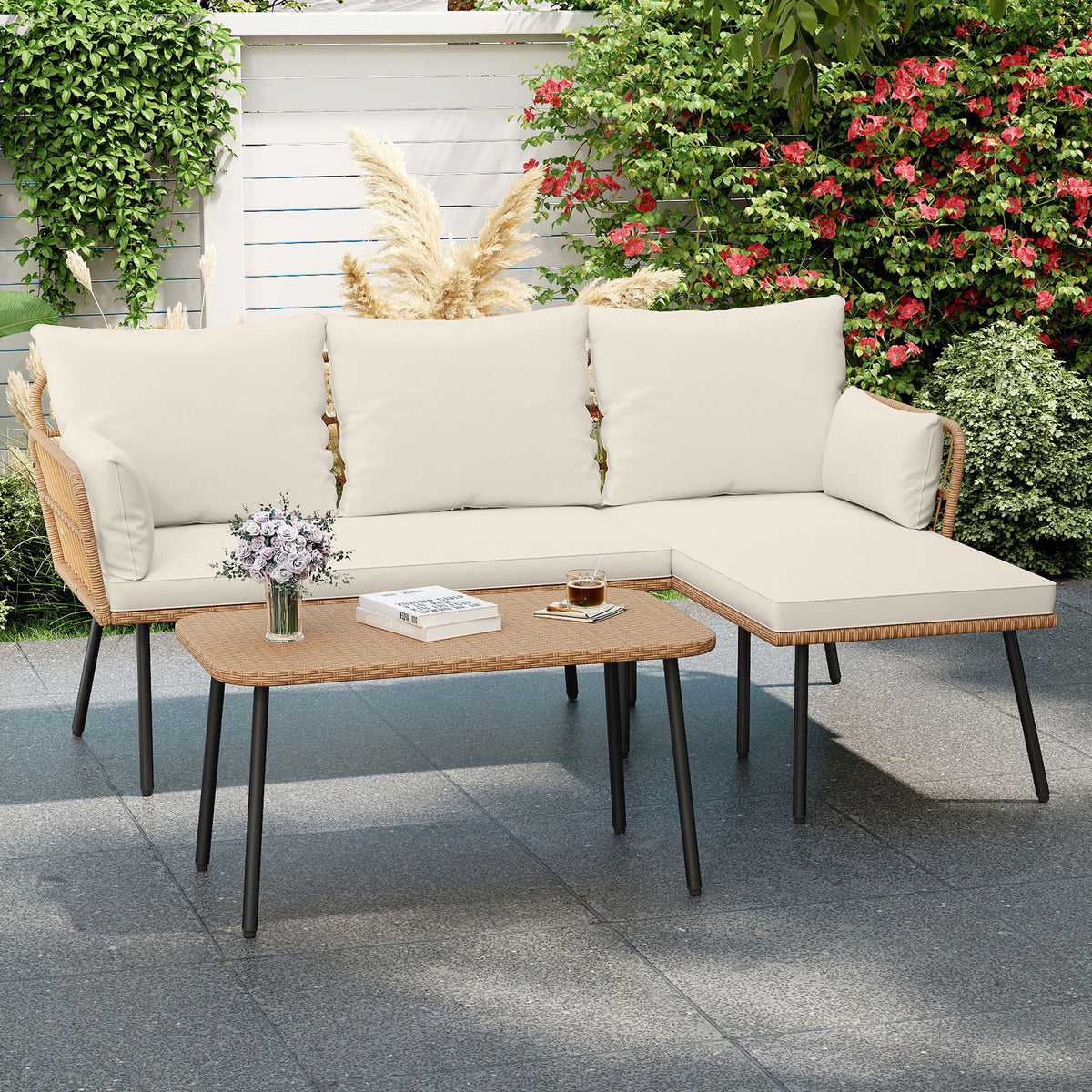 Outdoor L Shape Sofa Set with Coffee Table and Removable Cushions for Porch-White