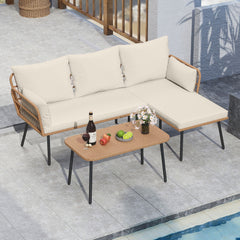 Outdoor L Shape Sofa Set with Coffee Table and Removable Cushions for Porch-White