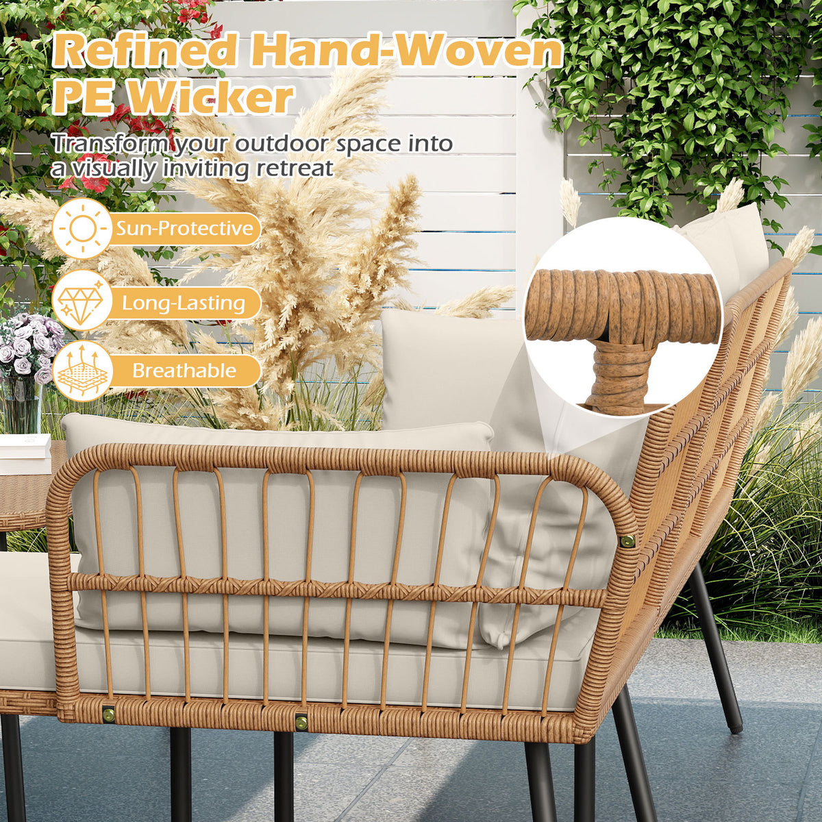 Outdoor L Shape Sofa Set with Coffee Table and Removable Cushions for Porch-White
