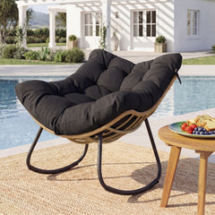 Outdoor Papasan Rocking Chair Oversized PE Wicker Patio Egg Chair with Thick Cushion-Black