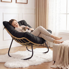 Outdoor Papasan Rocking Chair Oversized PE Wicker Patio Egg Chair with Thick Cushion-Black