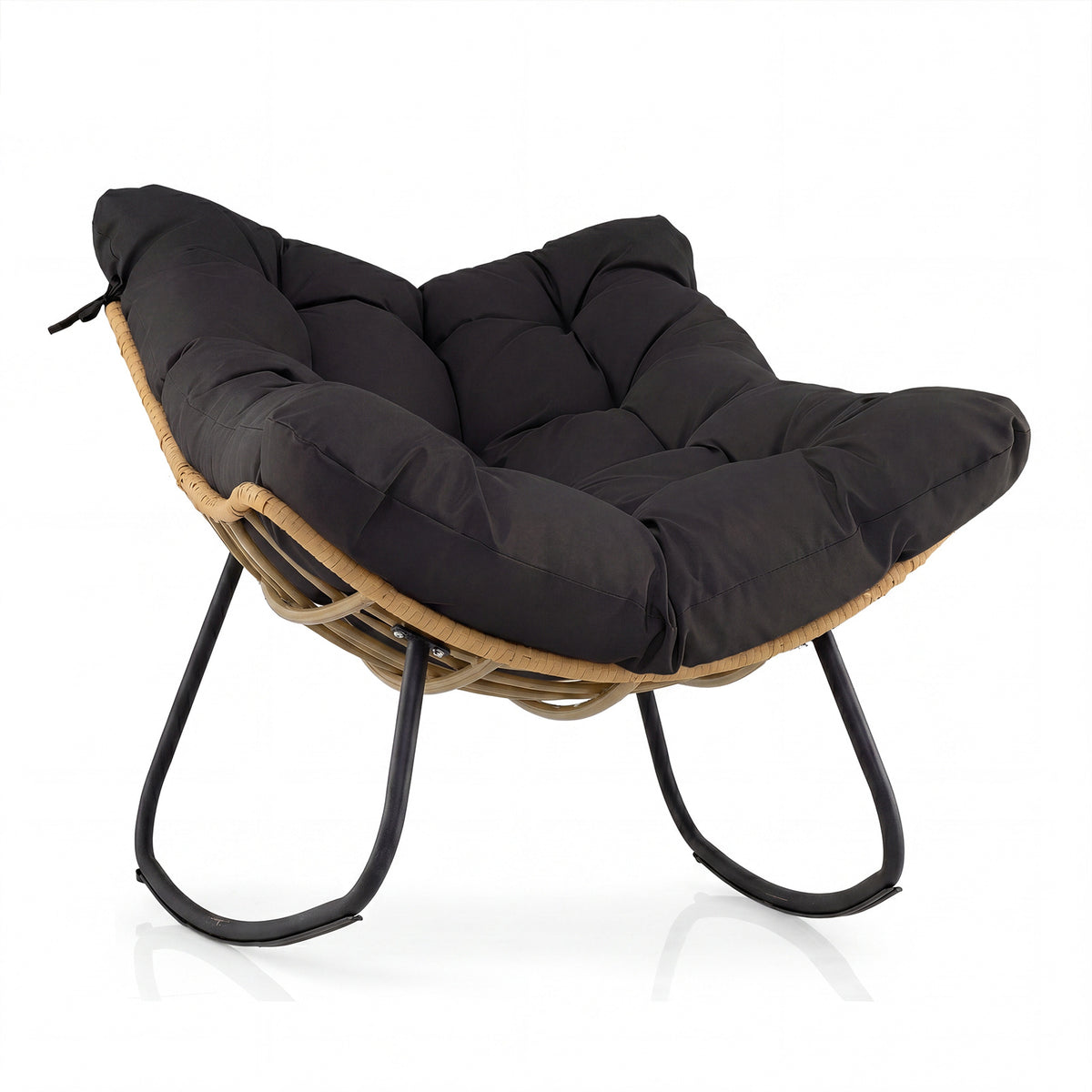 Outdoor Papasan Rocking Chair Oversized PE Wicker Patio Egg Chair with Thick Cushion-Black