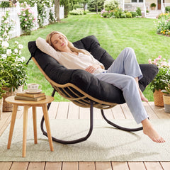 Outdoor Papasan Rocking Chair Oversized PE Wicker Patio Egg Chair with Thick Cushion-Black