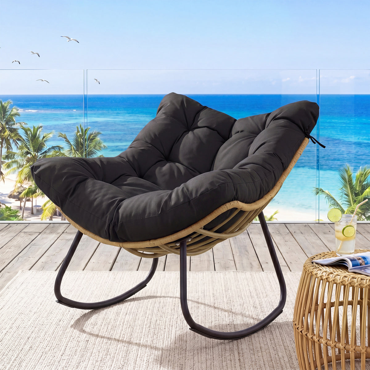 Outdoor Papasan Rocking Chair Oversized PE Wicker Patio Egg Chair with Thick Cushion-Black