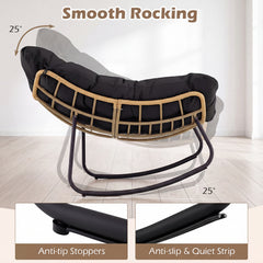 Outdoor Papasan Rocking Chair Oversized PE Wicker Patio Egg Chair with Thick Cushion-Black