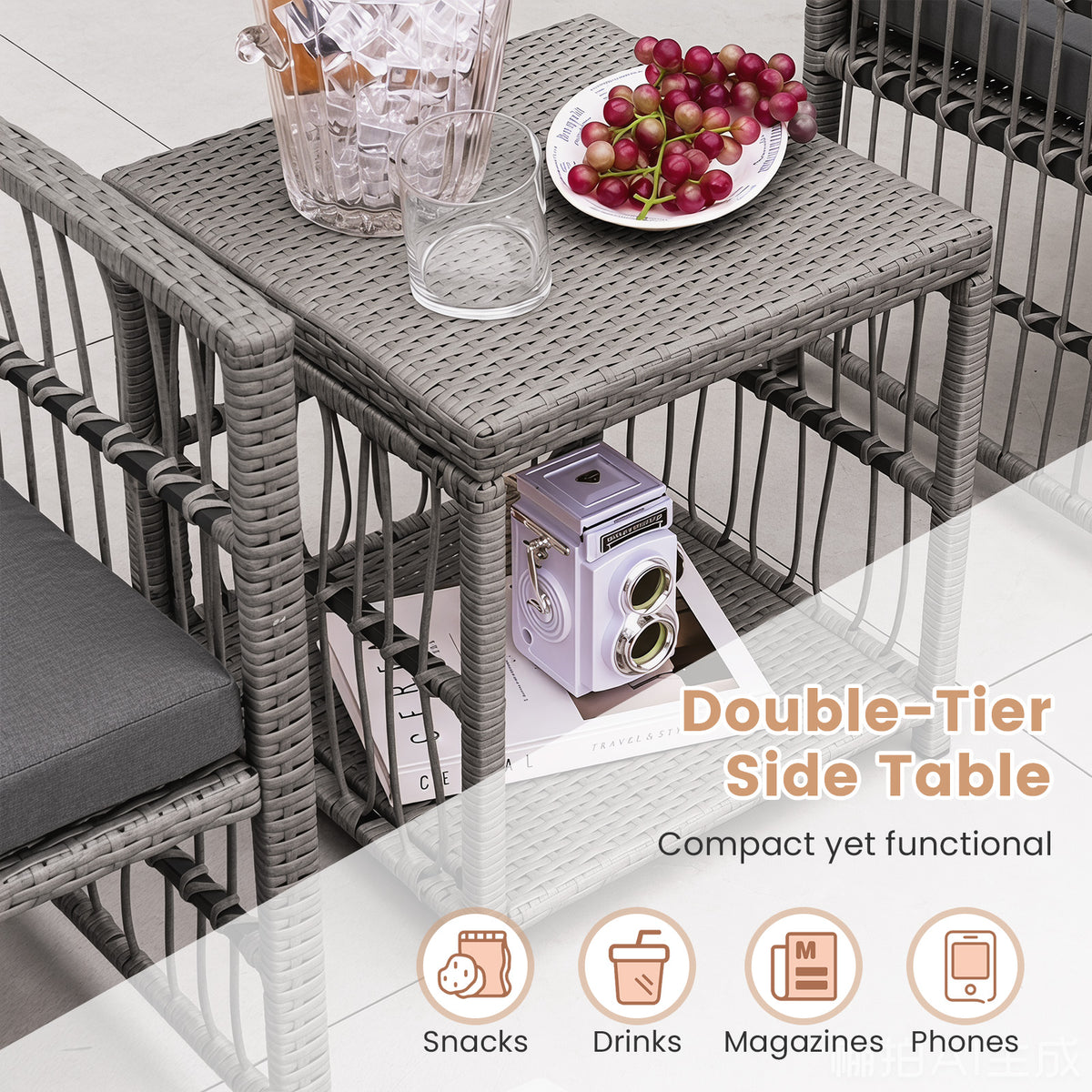 Outdoor Rattan Conversation Set with Seat and Back Cushions for Backyard and Poolsida