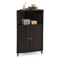 Outdoor Rattan Storage Cabinet with Shelves and 2 Doors and Lockable Wheels for Patio-Brown