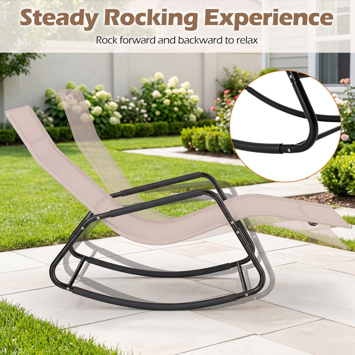 Outdoor Rocking Chair and Patio Lounge Chair with Curved Armrests and Back Support Bar for Garden-Beige