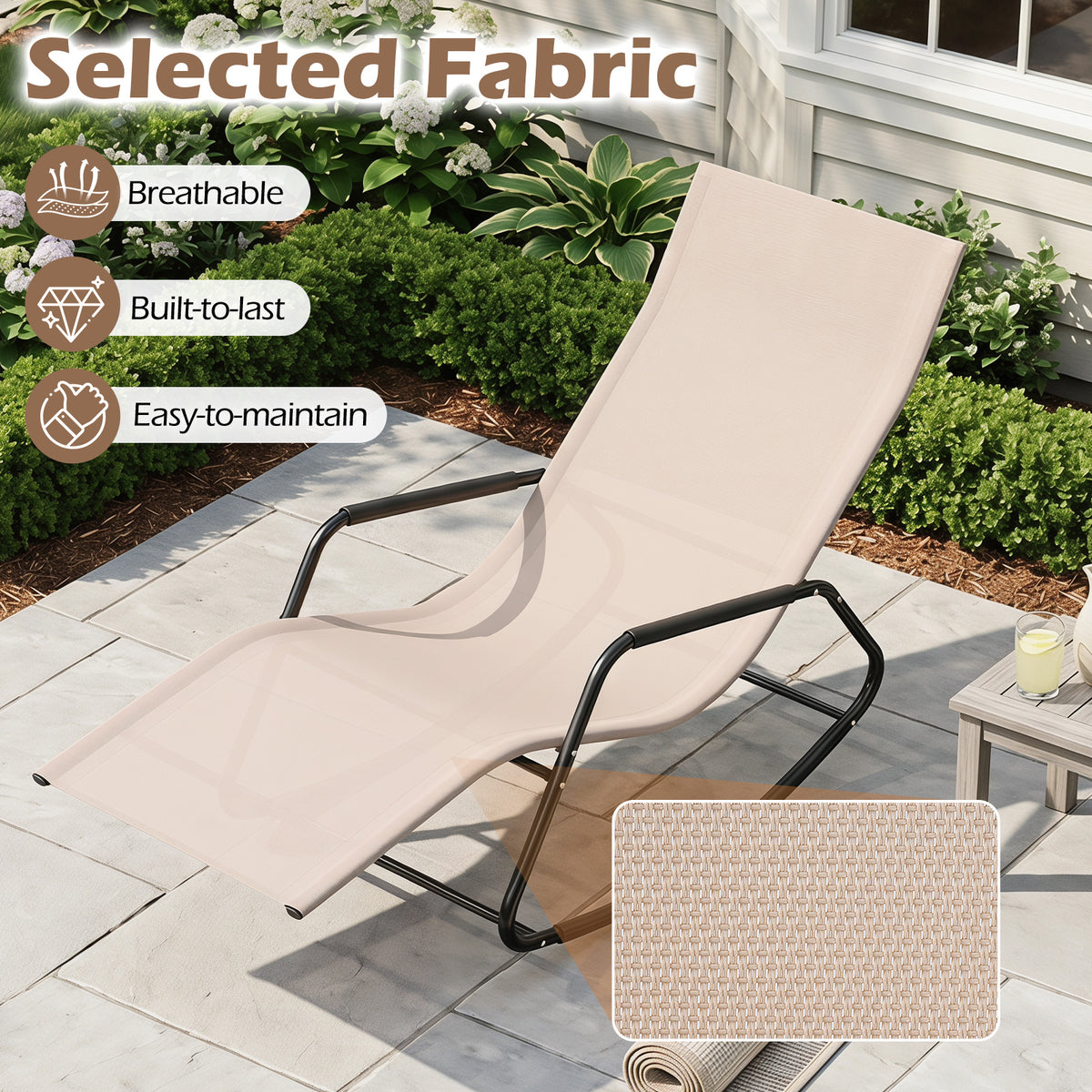 Outdoor Rocking Chair and Patio Lounge Chair with Curved Armrests and Back Support Bar for Garden-Beige