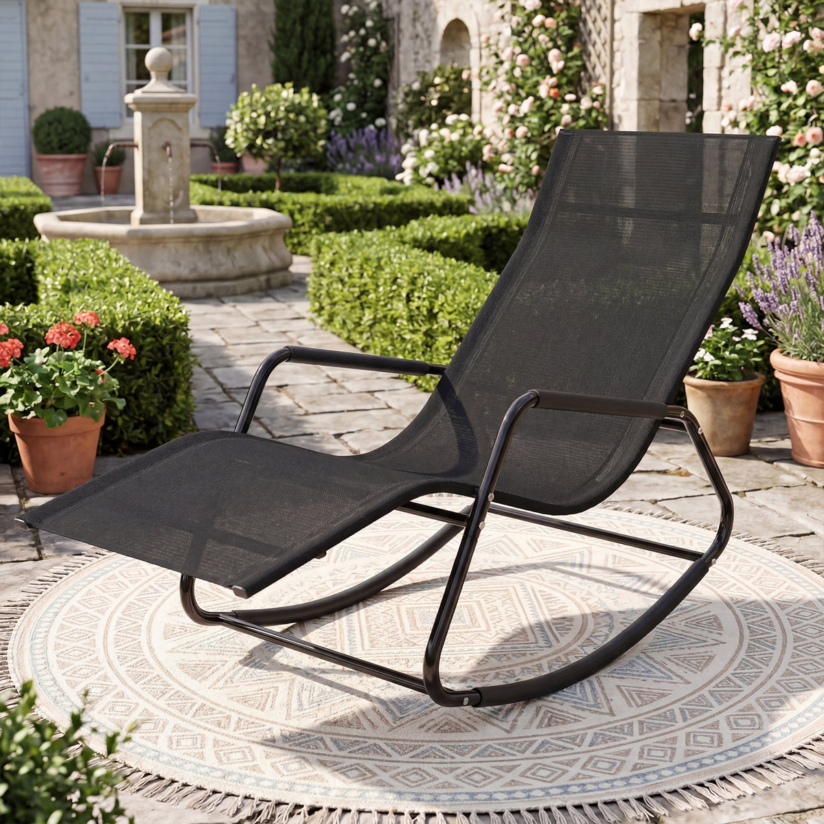 Outdoor Rocking Chair and Patio Lounge Chair with Curved Armrests and Back Support Bar for Garden-Black