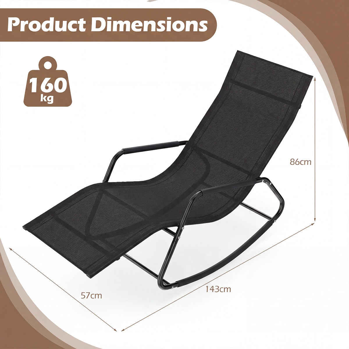Outdoor Rocking Chair and Patio Lounge Chair with Curved Armrests and Back Support Bar for Garden-Black