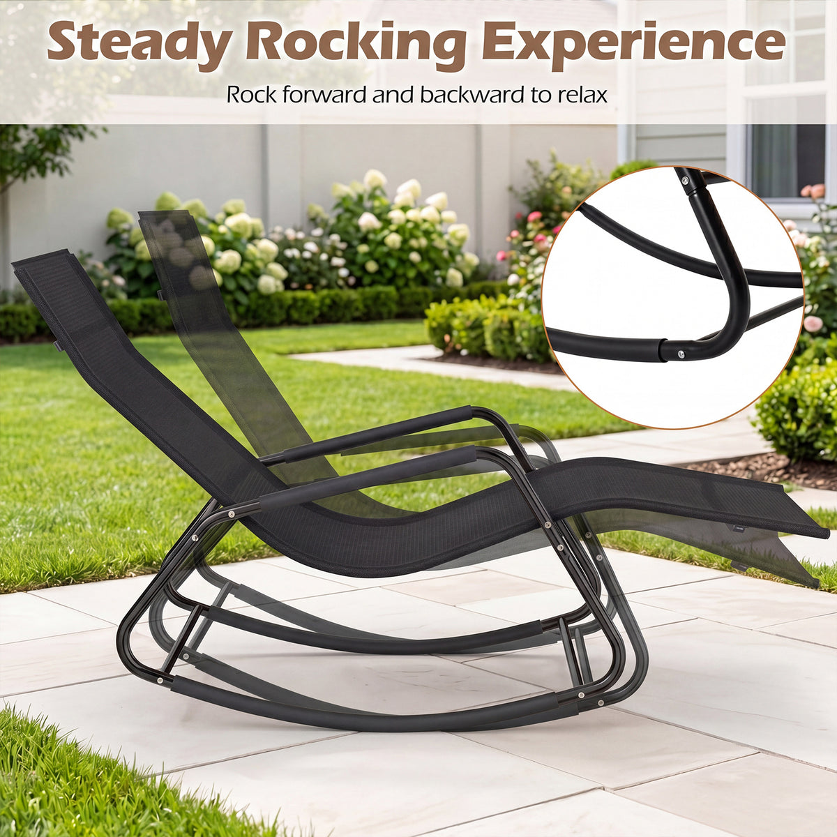 Outdoor Rocking Chair and Patio Lounge Chair with Curved Armrests and Back Support Bar for Garden-Black