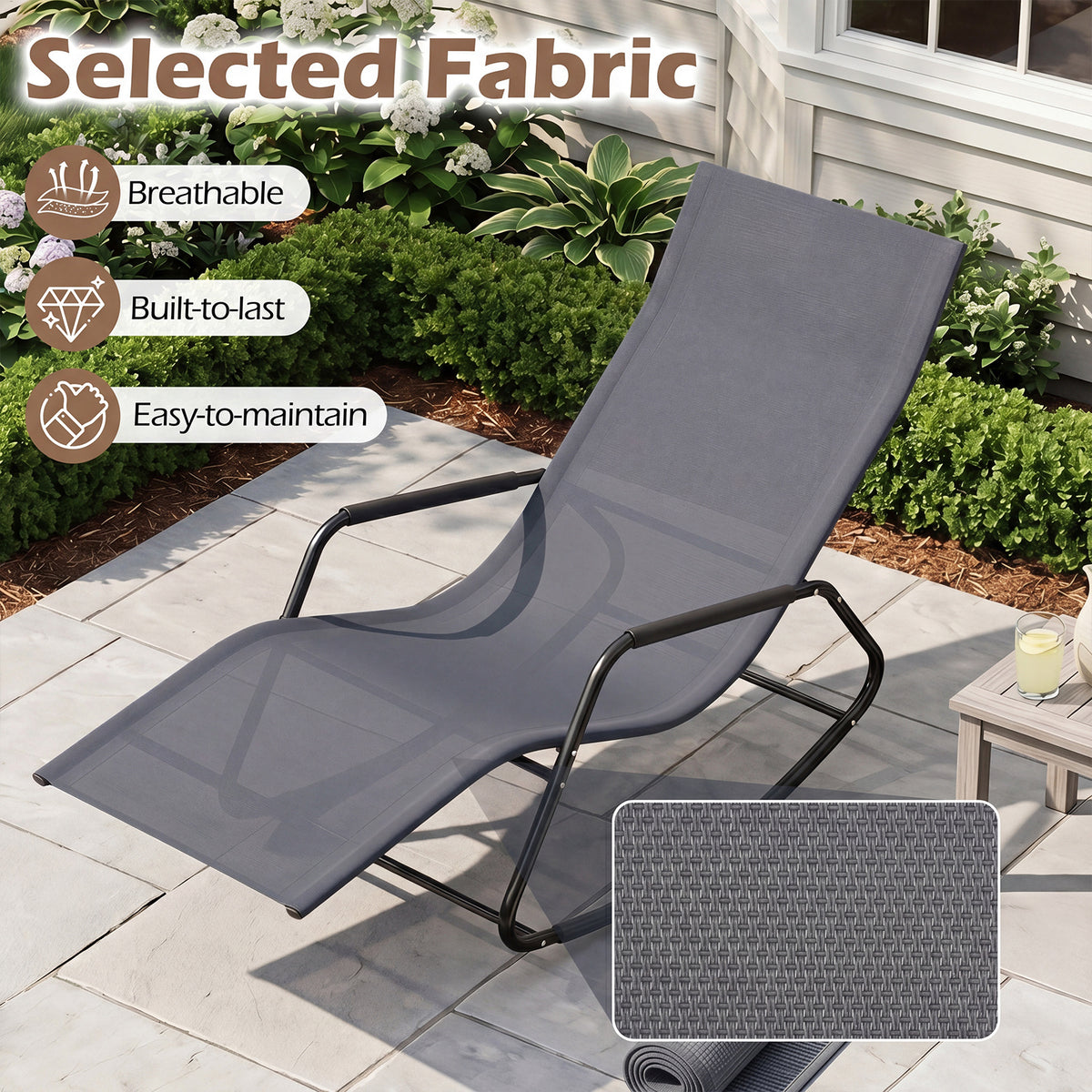 Outdoor Rocking Chair and Patio Lounge Chair with Curved Armrests and Back Support Bar for Garden-Grey