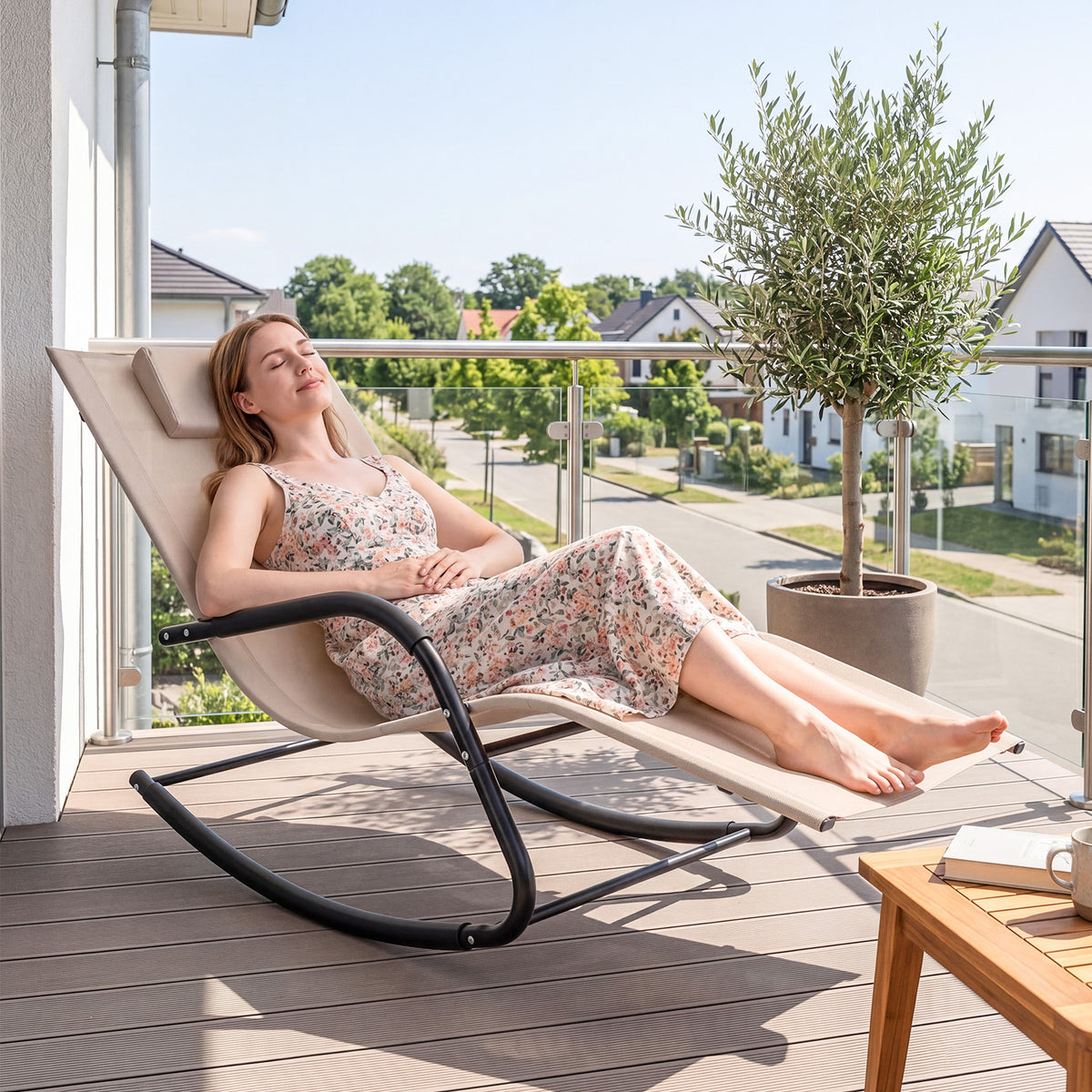 Outdoor Rocking Chair and Patio Lounge Chair with Detachable Headrest and Curved Armrests-Beige
