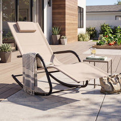 Outdoor Rocking Chair and Patio Lounge Chair with Detachable Headrest and Curved Armrests-Beige