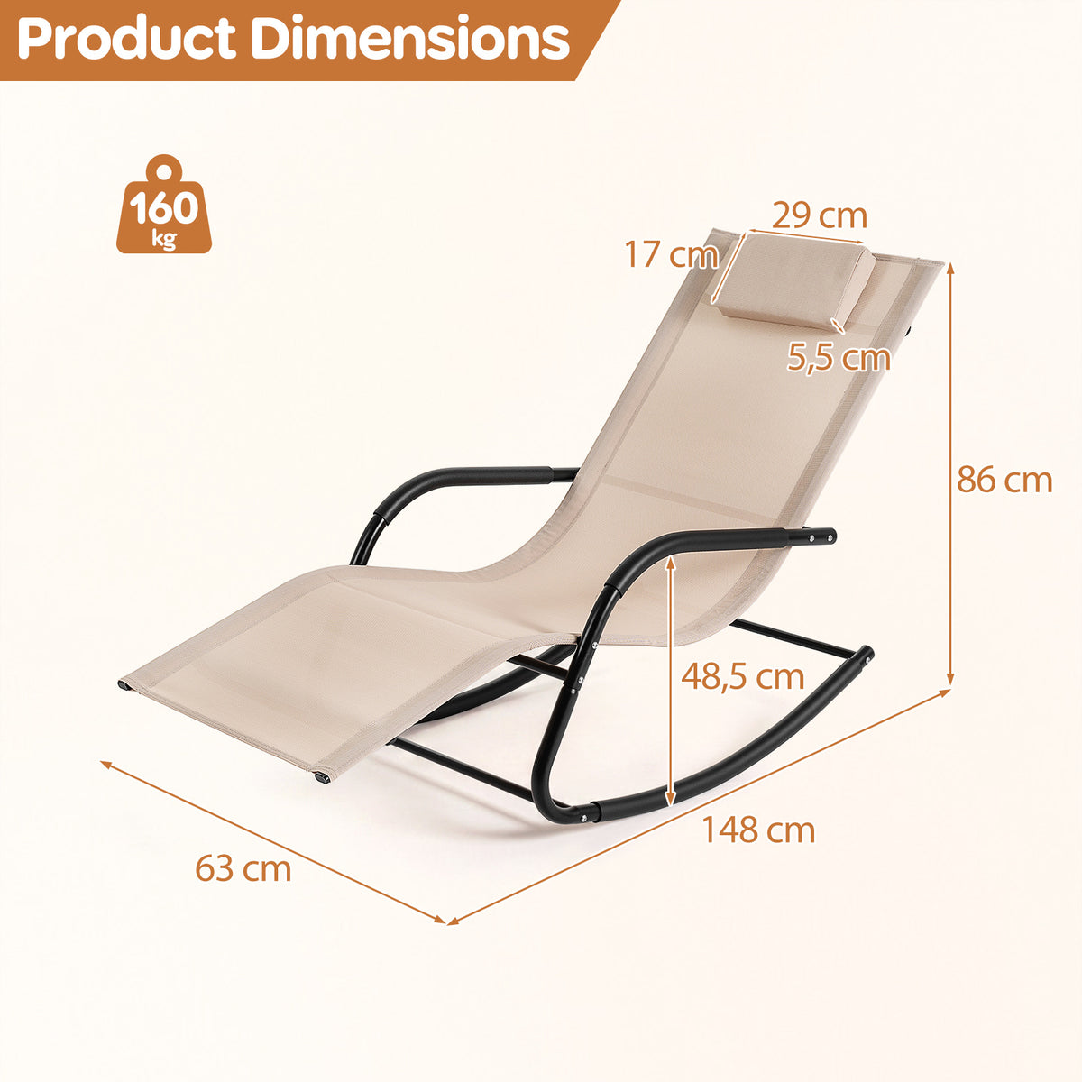 Outdoor Rocking Chair and Patio Lounge Chair with Detachable Headrest and Curved Armrests-Beige