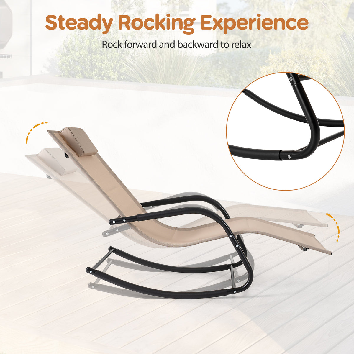 Outdoor Rocking Chair and Patio Lounge Chair with Detachable Headrest and Curved Armrests-Beige