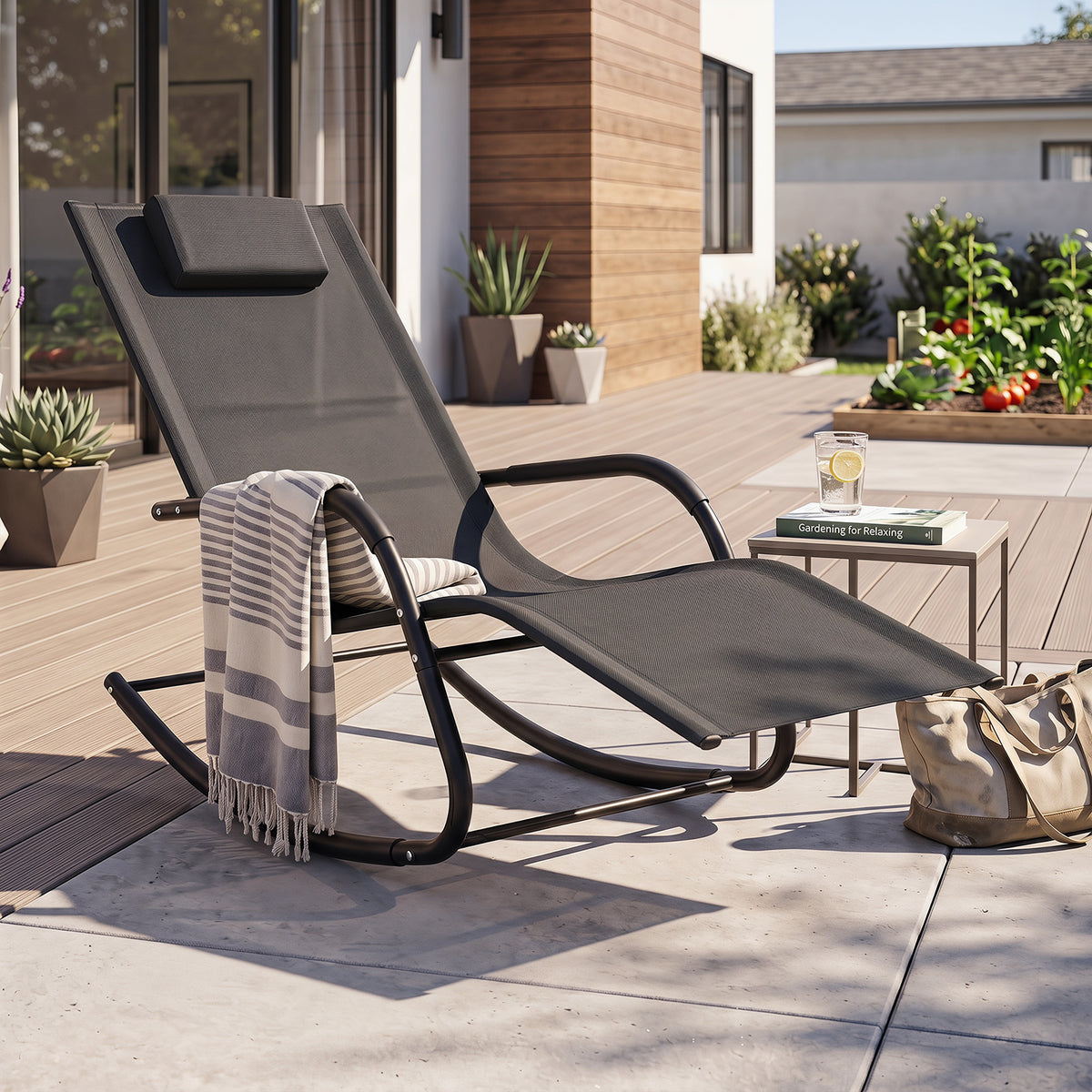 Outdoor Rocking Chair and Patio Lounge Chair with Detachable Headrest and Curved Armrests-Black
