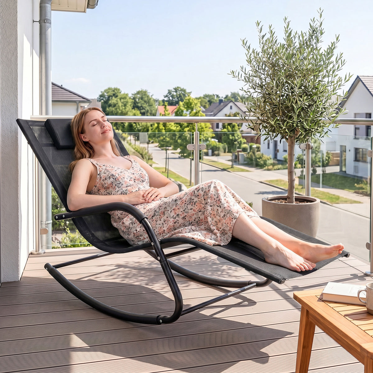 Outdoor Rocking Chair and Patio Lounge Chair with Detachable Headrest and Curved Armrests-Black