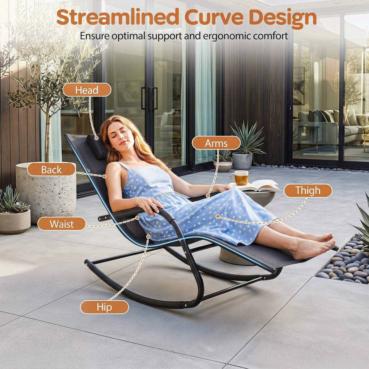 Outdoor Rocking Chair and Patio Lounge Chair with Detachable Headrest and Curved Armrests-Black