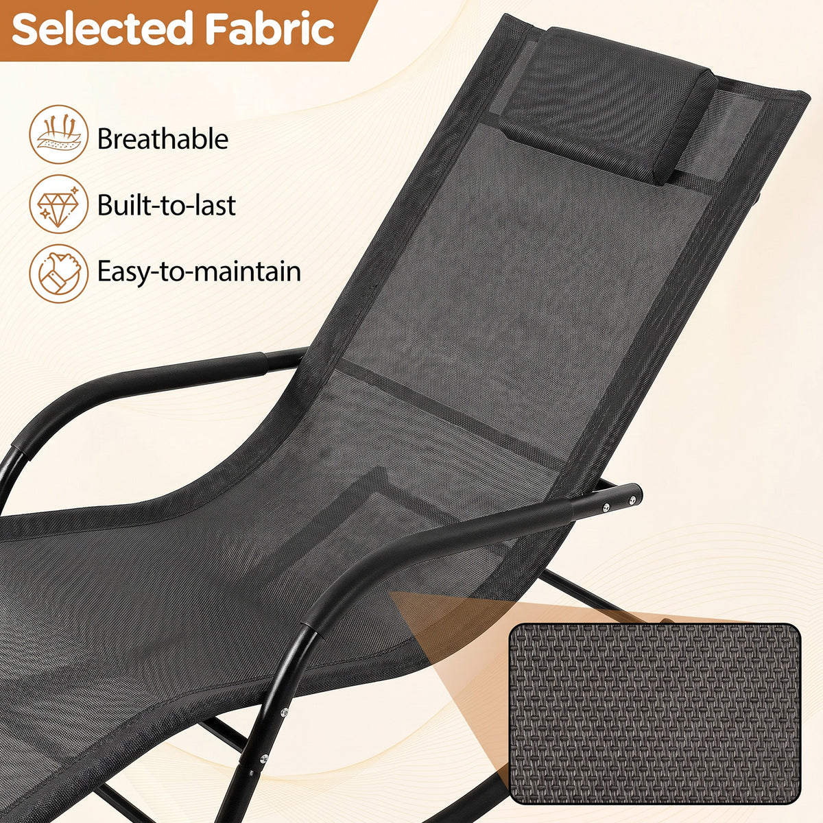 Outdoor Rocking Chair and Patio Lounge Chair with Detachable Headrest and Curved Armrests-Black