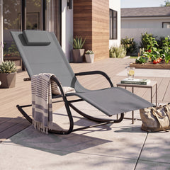 Outdoor Rocking Chair and Patio Lounge Chair with Detachable Headrest and Curved Armrests-Grey